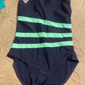 Chic Navy and Mint Striped One Piece Swimsuit